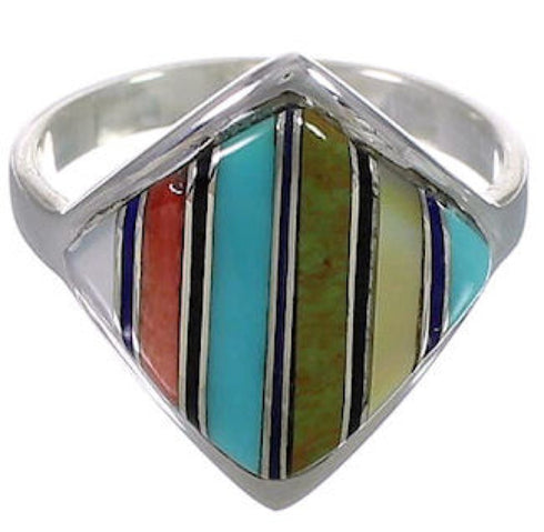 Genuine Sterling Silver And Multicolor Inlay Ring Size 7-3/4 UX34357